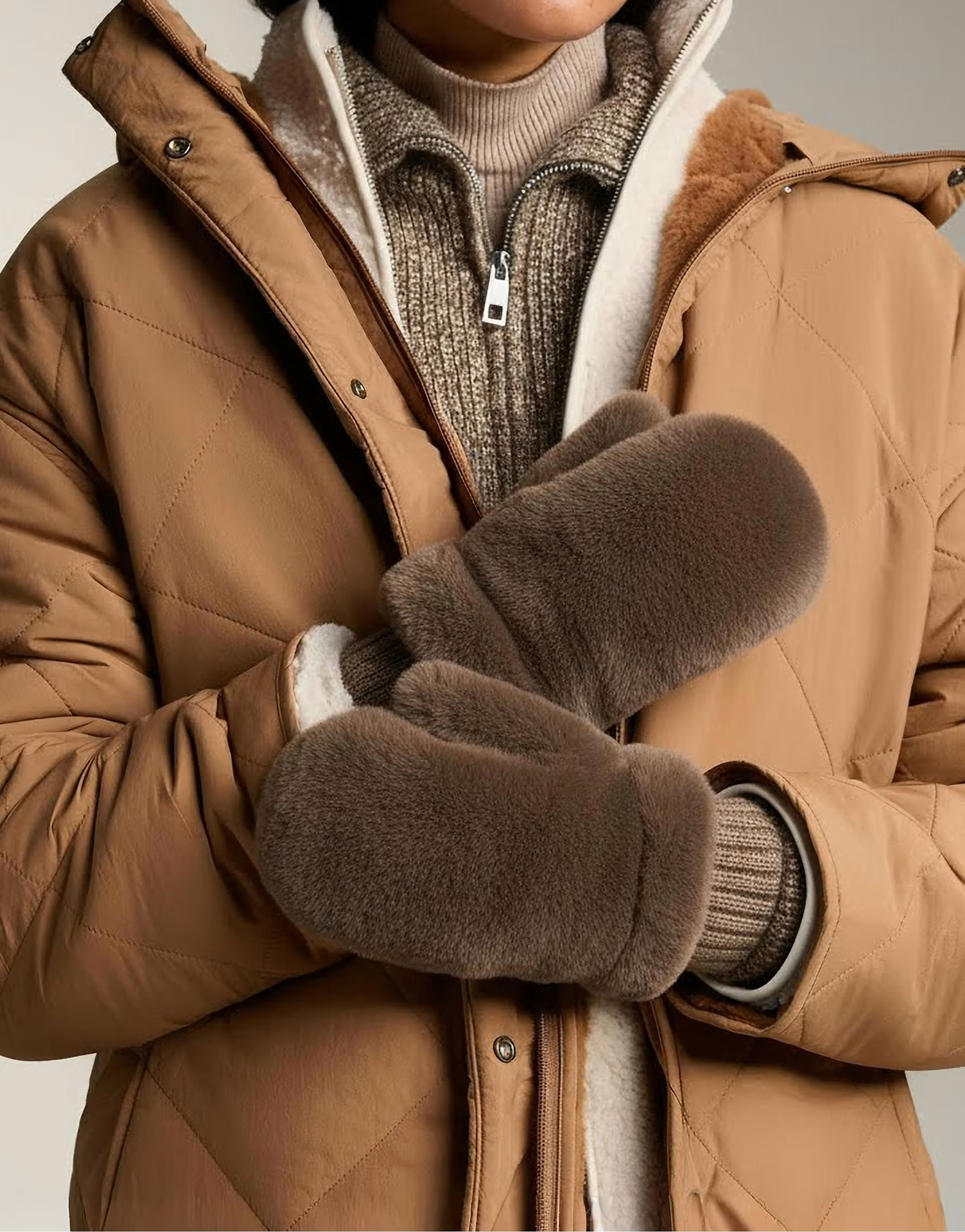 OYSHO Faux fur mittens with elasticated cuffs in brown | ASOS (Global)