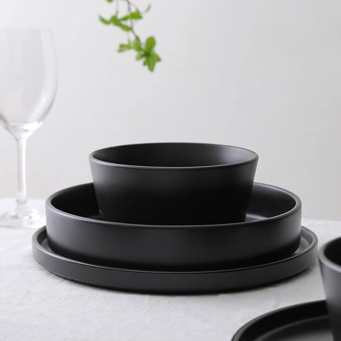 Stone Lain Celina Stoneware 12-Piece Dinnerware Set, Cereal and Pasta Bowls, Black, Coupe | Amazon (US)