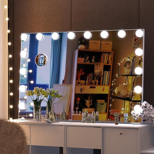 BEAUTME Large Vanity Mirror with Lights, 35.9''×24.3'' Makeup Mirror, Light up Mirror with 16 Dimmable LED Lights and 10X Magnification, 3 Colors Lights Modes, Touch Control, White | Amazon (US)