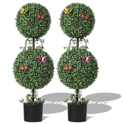 3 FT Artificial Double Ball Topiary Trees with Pot, Set of 2 Faux Topiary Plants with Moss, Vine and Butterfly Decor, Outdoor Artificial Trees Porch | Target