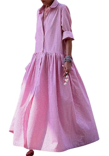 CHARTOU Women's Gingham Maxi Dress - Plaid Roll Up Long Sleeve Button Down Shirt Ruffle Swing Lon... | Amazon (US)