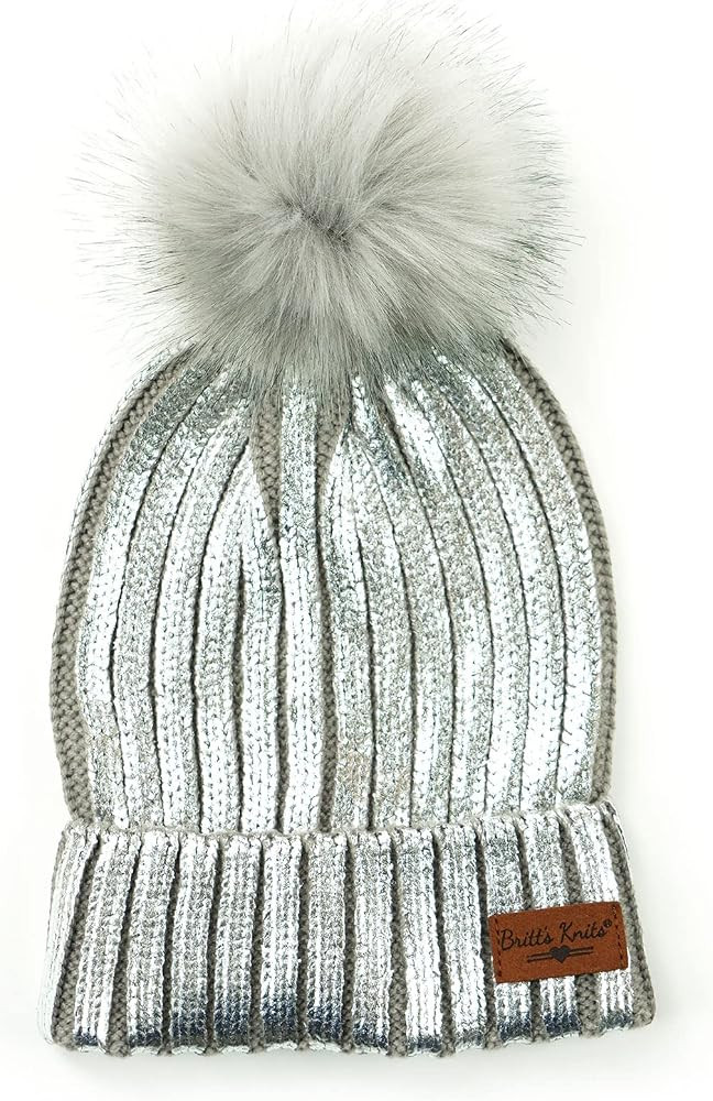 Britt's Knits Women's Metallic Glacier Knit Cold Weather Pom Hat Ski Cuff Cap | Amazon (US)