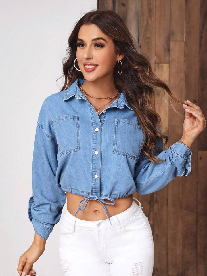 SHEIN LUNE Drawstring Hem Pocket Patched Denim Top | SHEIN