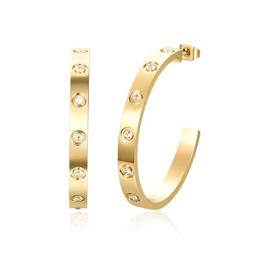 Love Friendship Hoop Earrings Set for Women 18K Gold and Silver Stainless Steel with Cubic Zirconia Stones Jewelry (One pair - Gold) | Amazon (US)