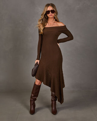 Abby Knit Lace Off the Shoulder High Low Midi Dress Chocolate / M | VICI