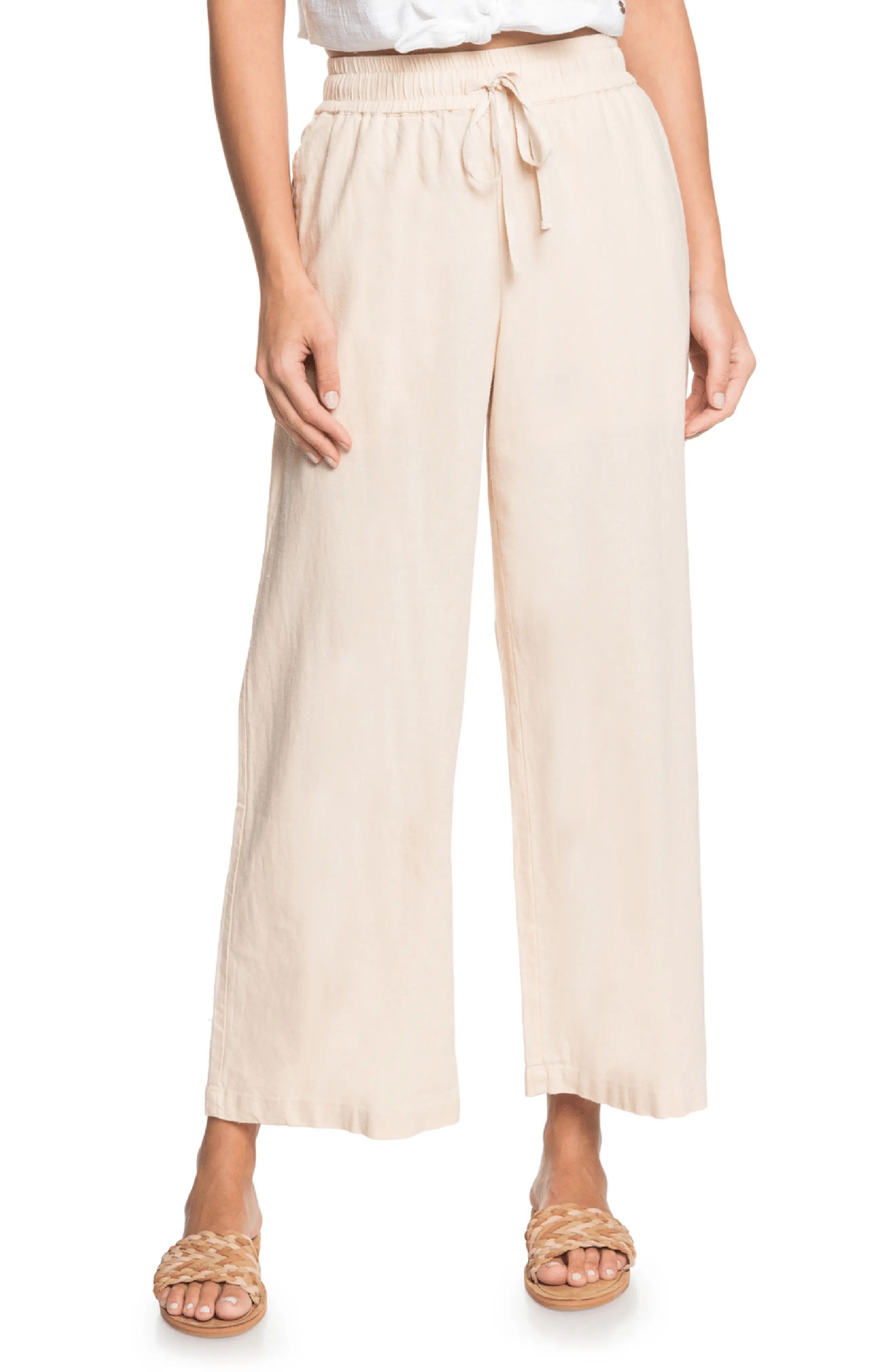 Women's Roxy Redondo Beach Linen Blend Crop Wide Leg Pants, Size Small - Ivory | Nordstrom