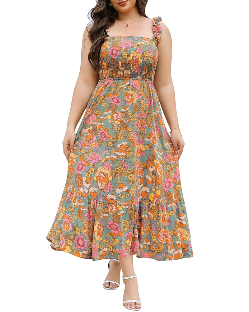 Plus Size Summer Dress - Sun Boho Beach Casual Floral Spaghetti Strap Sleeveless Long Maxi Dresse... | Amazon (US)