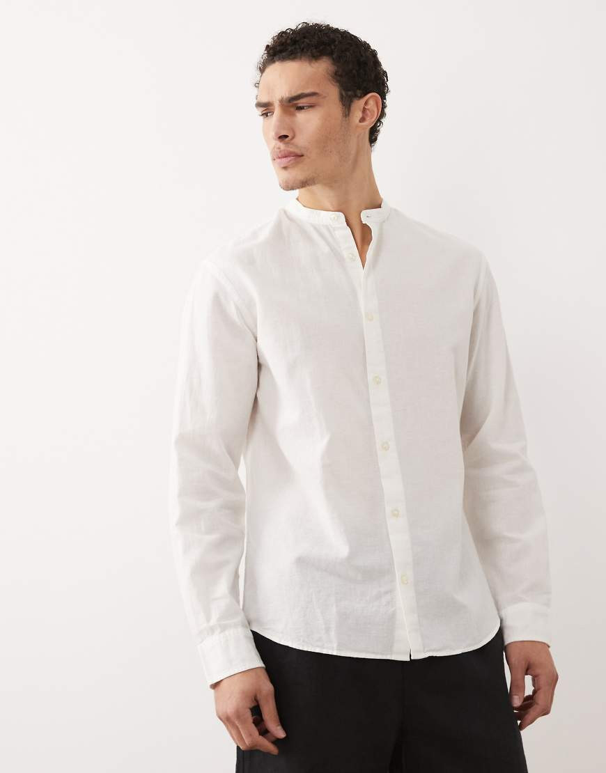 Jack & Jones linen blend shirt with grandad collar in white | ASOS (Global)