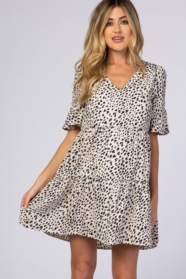 Beige Animal Print Ruffle Sleeve Maternity Dress | PinkBlush Maternity
