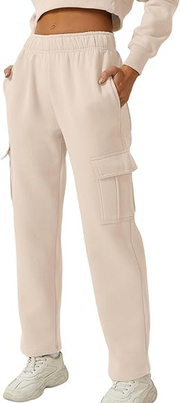 Amazon.com: QINSEN Woman's Elastic Waist Long Pants for Casual Wide Leg Bottom Sweatpants Beige S... | Amazon (US)