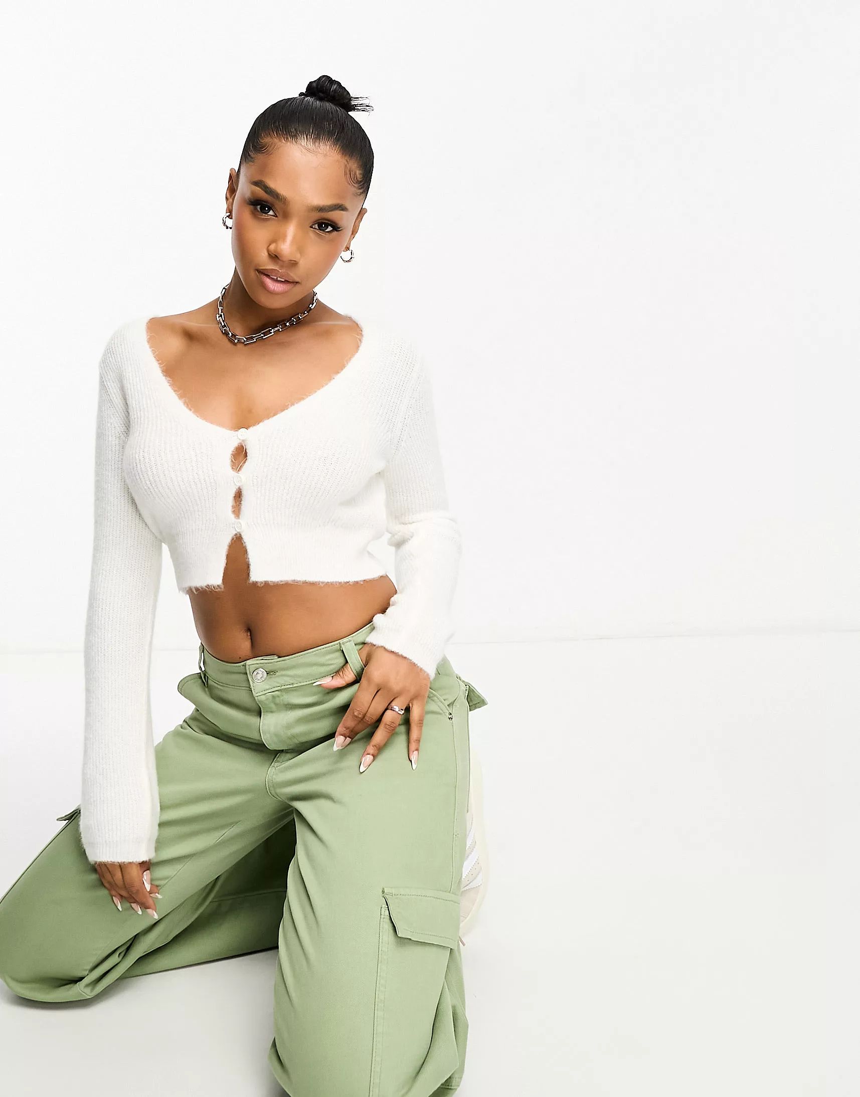 ASOS DESIGN crop cardigan in fluffy yarn in cream | ASOS (Global)