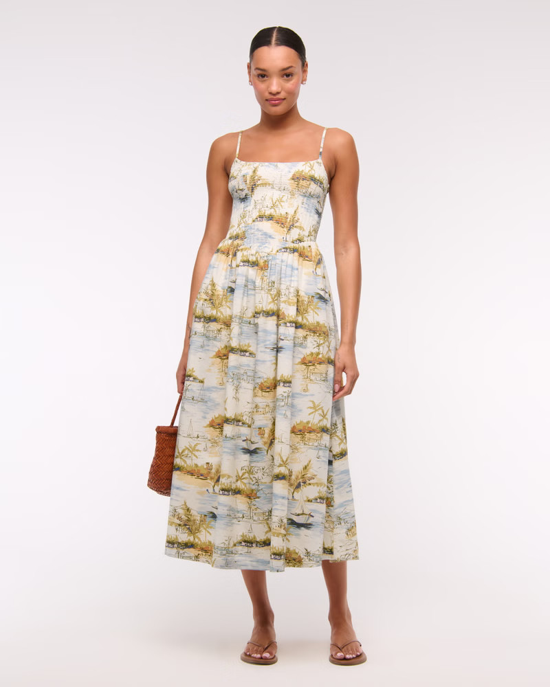 Dipped-Waist Smocked Midi Dress | Abercrombie & Fitch (US)