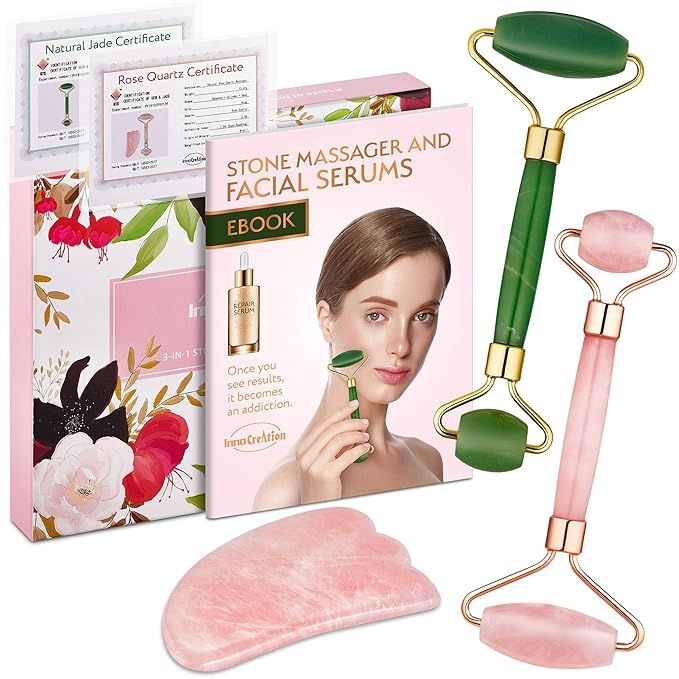 Authentic Jade Roller, Natural Rose Quartz Roller and Gua Sha | 3-In-1 Stone Face Massager Kit | Amazon (US)