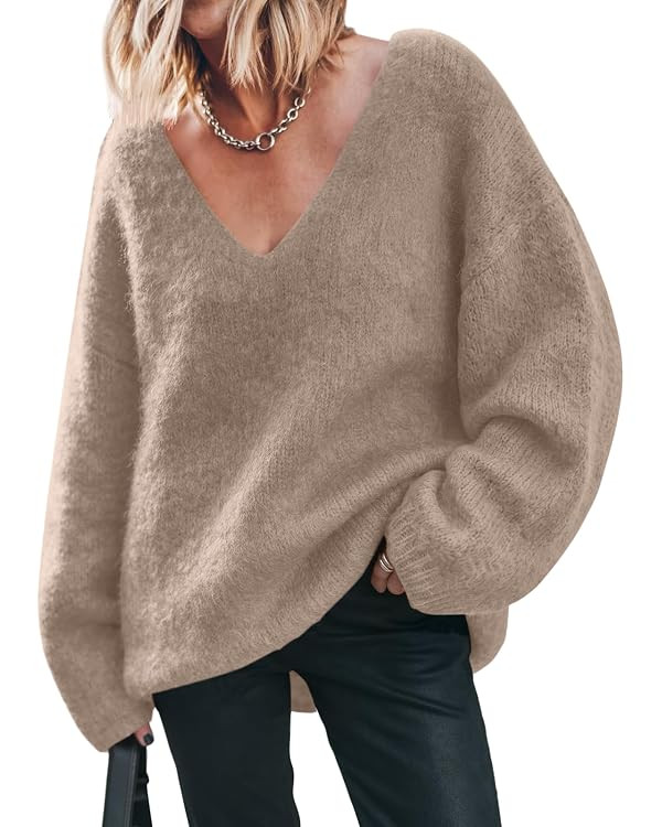 Trendy Queen Womens Oversized Chunky Knit V Neck Fall Sweater | Cozy Long Sleeve Pullover, Fuzzy ... | Amazon (US)