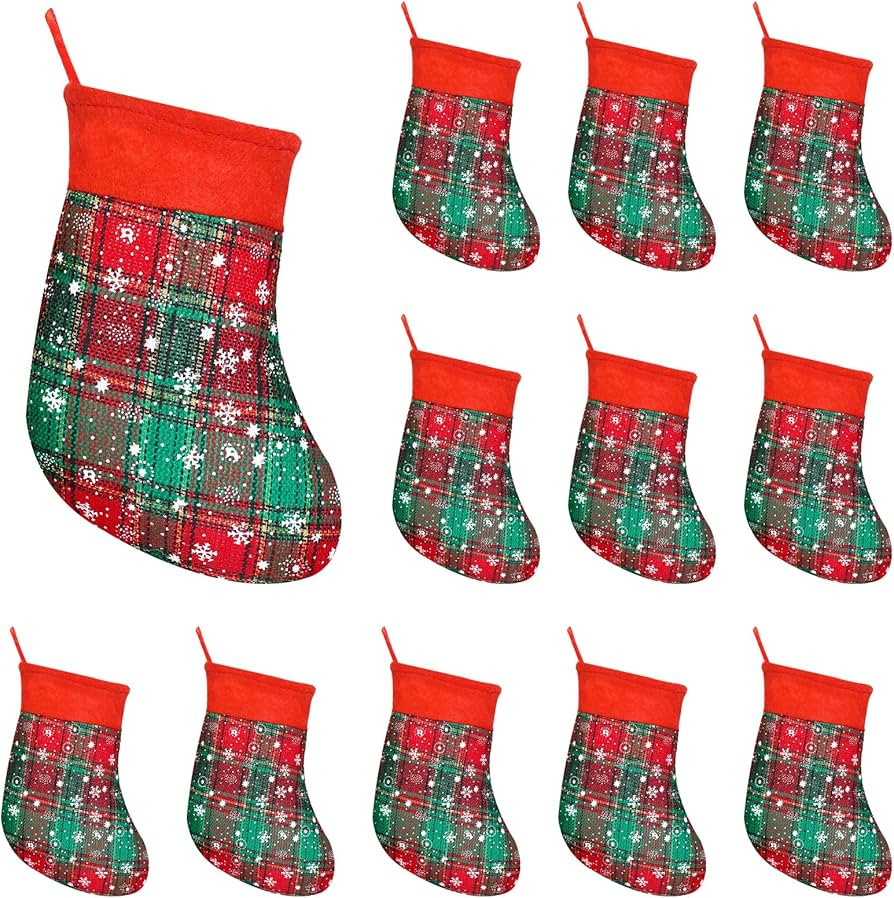 12PCS Mini Christmas Stockings, Small Red and Green Buffalo Plaide Xmas Hanging Stocking with Whi... | Amazon (US)