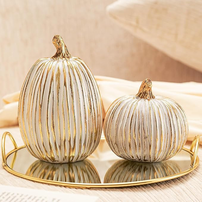 DN DECONATION White and Gold Fall Pumpkin Decorations Thanksgiving Table Centerpieces, 2 Pcs Arti... | Amazon (US)