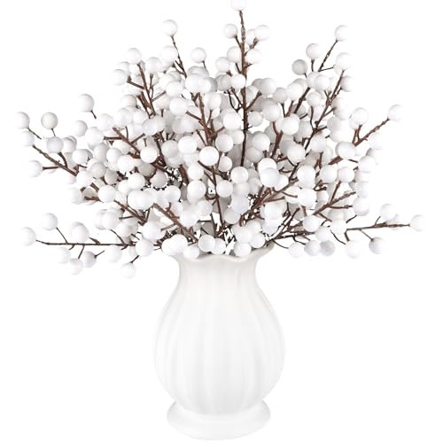 Rowfad 40 Pcs Artificial Berry Stems Branches, Christmas White Faux Holly Berries Picks Ornaments for Christmas Tree Wreath DIY Craft Decorations Holiday Home Decor (40, White) | Amazon (US)