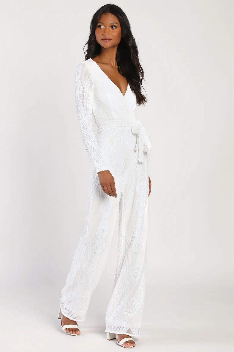 Magical Muse White Sequin Long Sleeve Wide-Leg Jumpsuit | Lulus