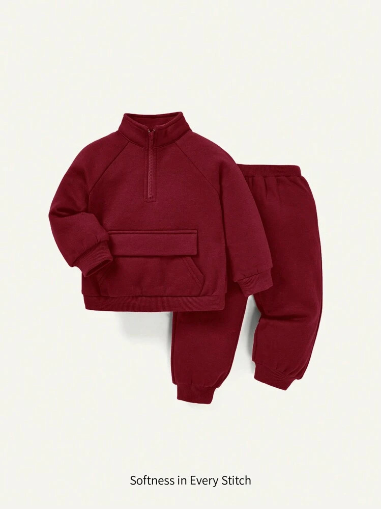 Cozy Pixies 2pcs/Set Newborn Baby Boys' Solid Color Stand Collar Raglan Sleeve Pocket Sweatshirt ... | SHEIN