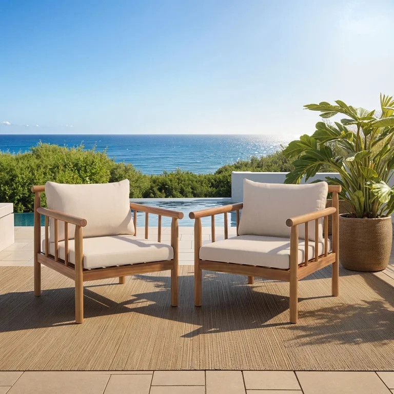 Safavieh Cardori Modern Wood Outdoor Armchair - Set of 2, Teak Brown/Cream | Walmart (US)