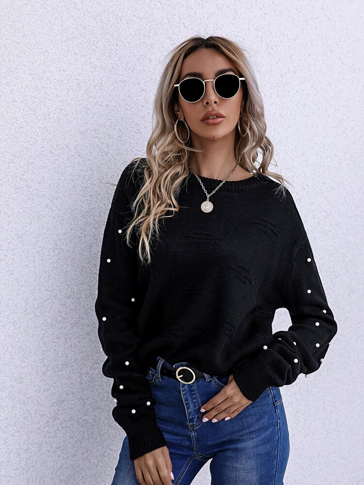 Drop Shoulder Pearl Beaded Sweater | SHEIN