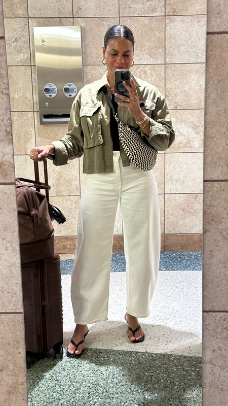 Airport OOTD - Evereve shirt jacket lightweight & so comfy. Everlane barrel jeans, always size up in barrel jeans! Claire V bag - perfect to keep important items easily accessible. 

#LTKStyleTip #LTKOver40 #LTKTravel