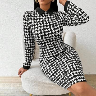 Plus Size Women Houndstooth Stand Collar Long Sleeve Fitted Elegant Dress, Suitable For Spring, Autumn & Winter | SHEIN
