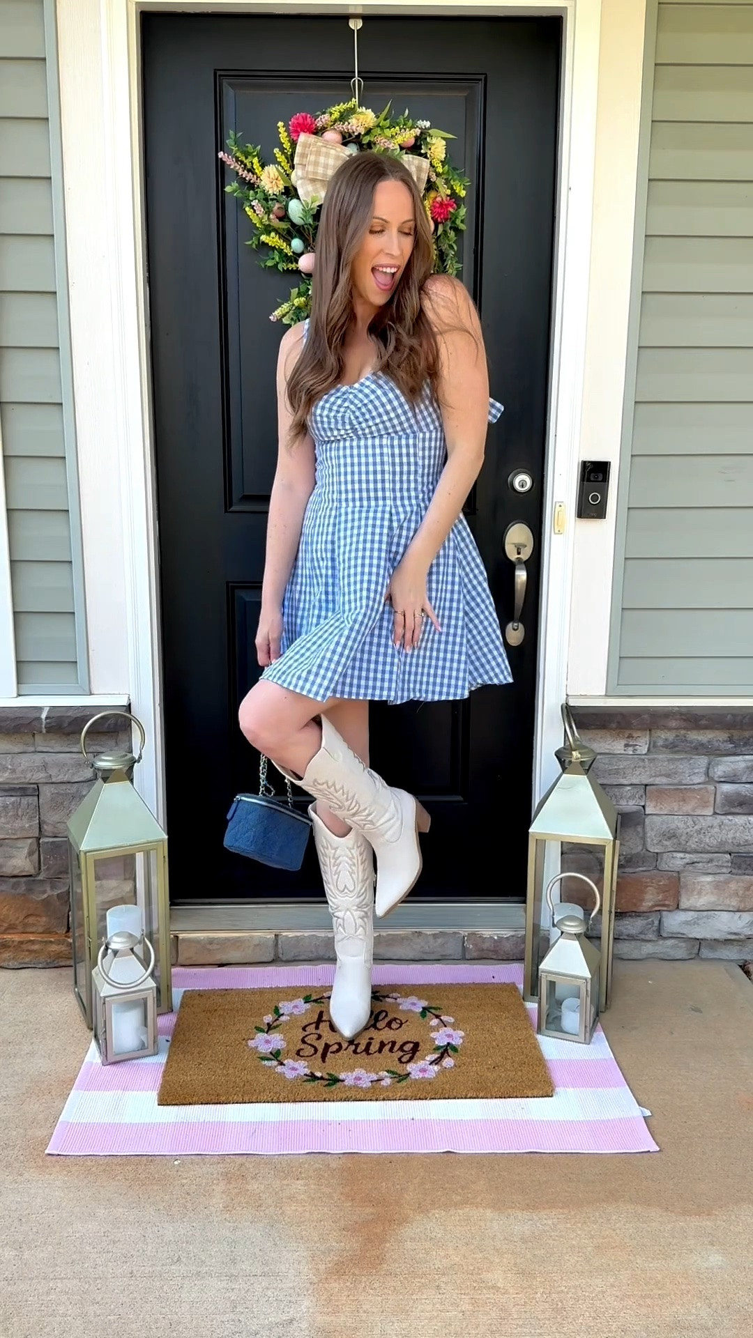 Memorial weekend outfit idea 🩵

Blue gingham dress, Fourth of July, western boots, Amazon fashion