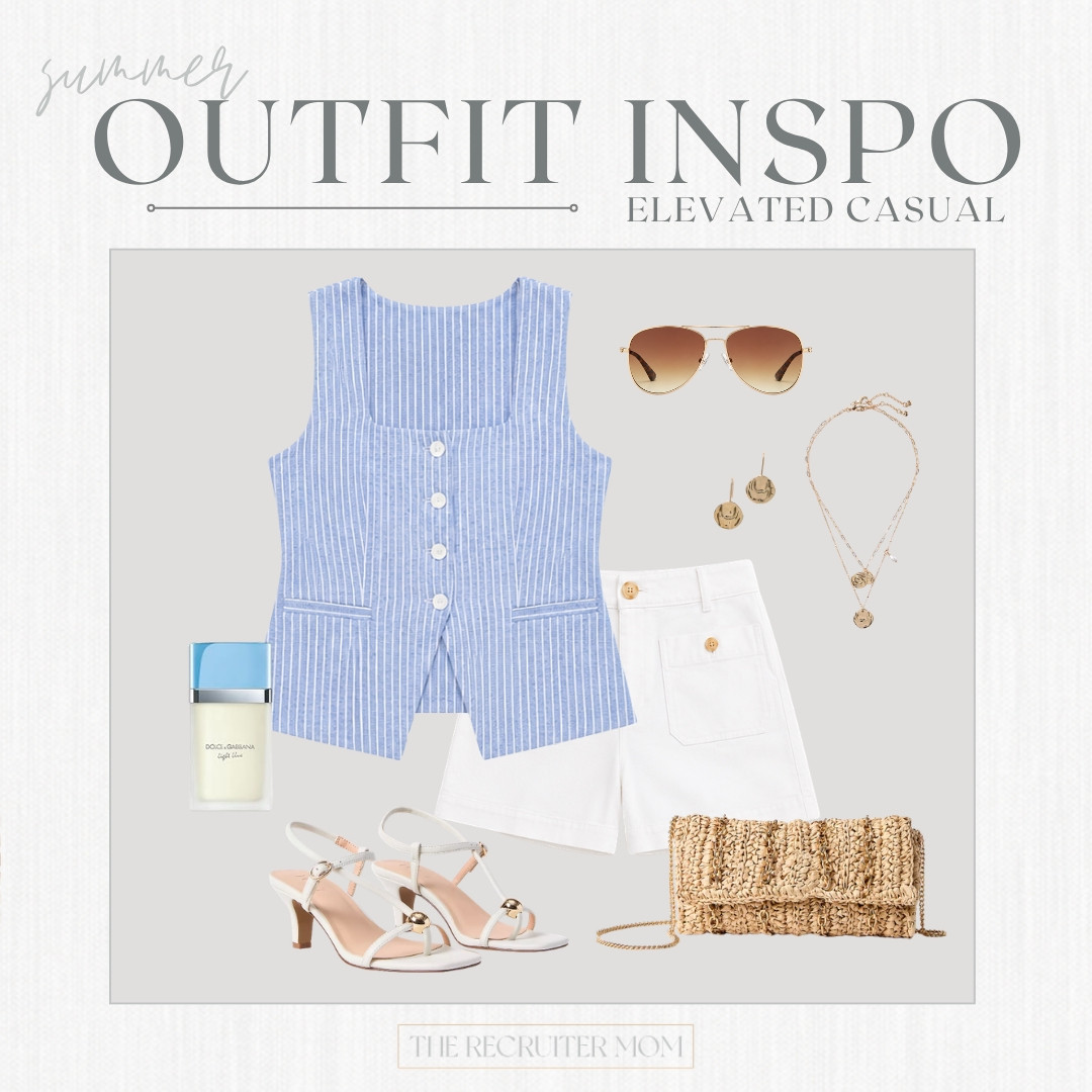 Elevated casual summer look with a striped vest, white shorts, woven clutch, and kitten heels 🤍 #LTKsummer #LTKfashion

#LTKSeasonal #LTKOver40 #LTKMidsize