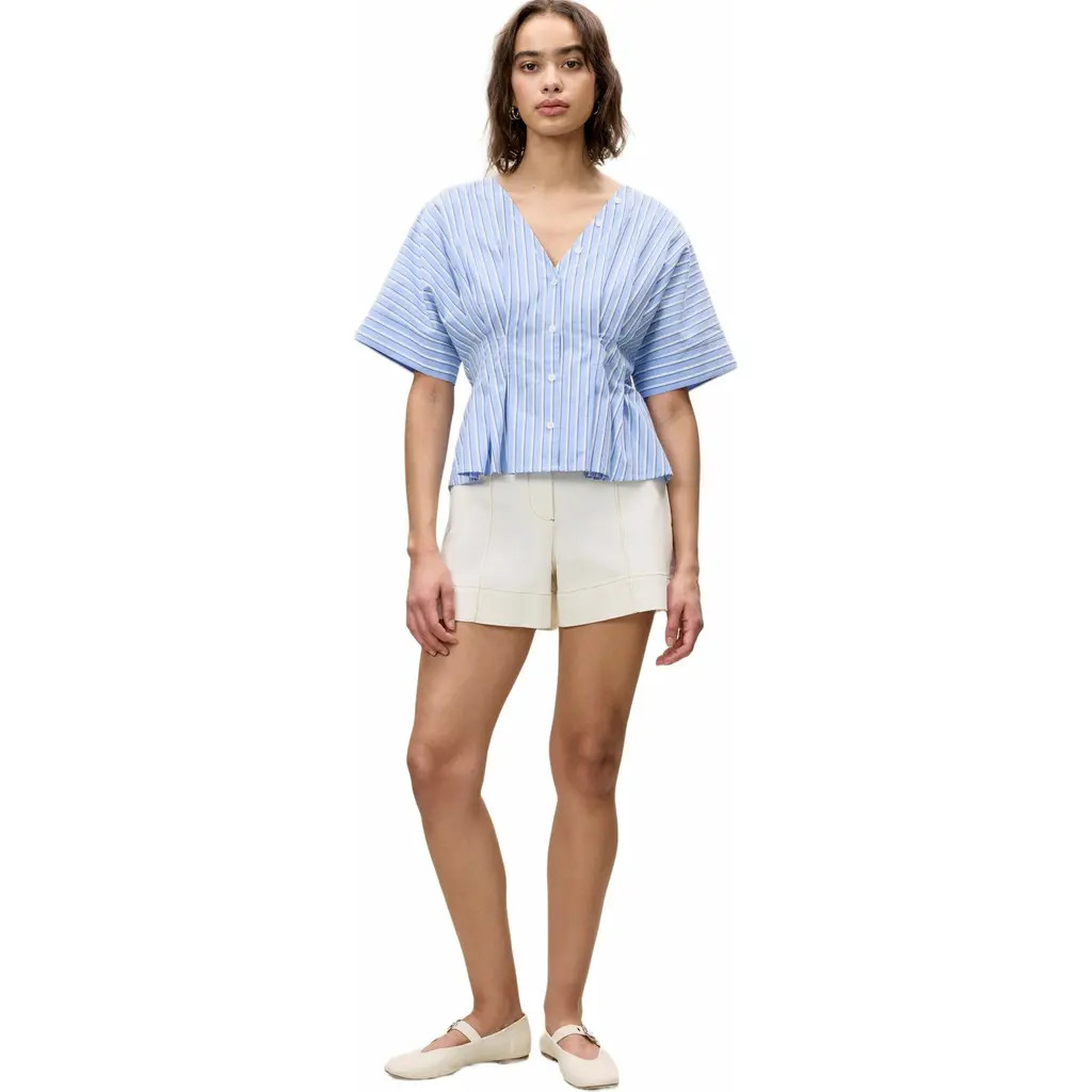 Rebecca Taylor Priya Poplin Top in Blue Stripe Combo at Nordstrom, Size Large | Nordstrom