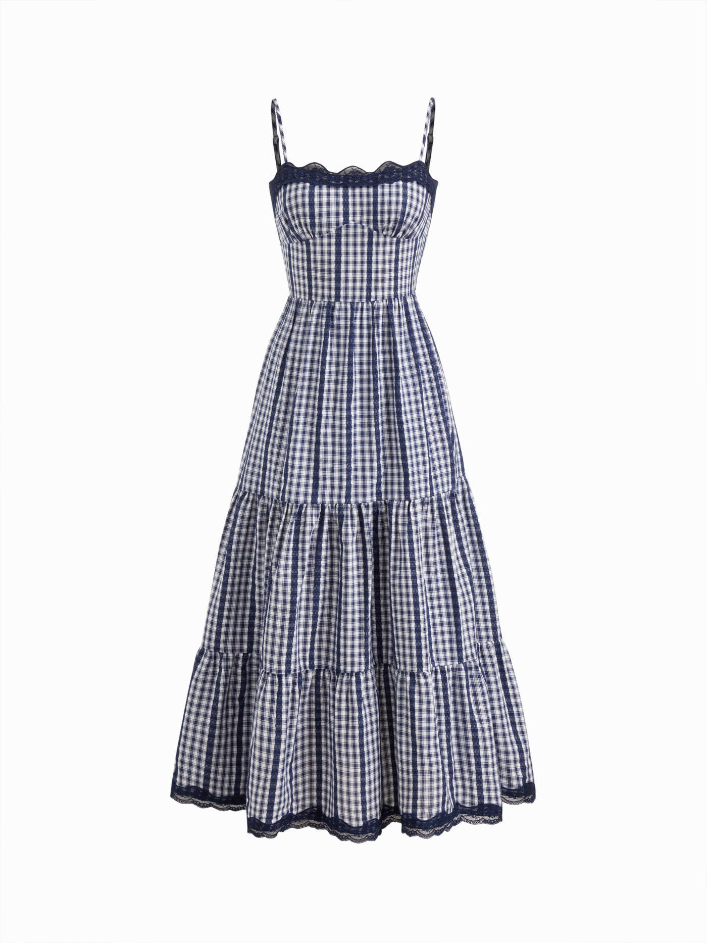 Woven Cotton-blend Gingham Lace Trim Tiered Shirred Maxi Dress For Daily Casual | Cider