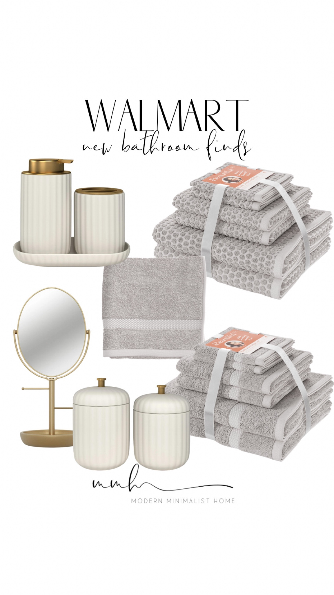 Walmart bathroom finds! I love the affordable towels and this counter top mirror is so pretty! Love the gold. These canisters are perfect for qtips or cotton balls. 

#LTKHome #LTKStyleTip #LTKFindsUnder50