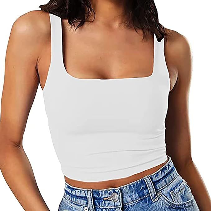 Meladyan Women Sleeveless Strappy Square Neck Crop Tank Double Layer Slim Tight Bandage Crop Vest... | Amazon (US)