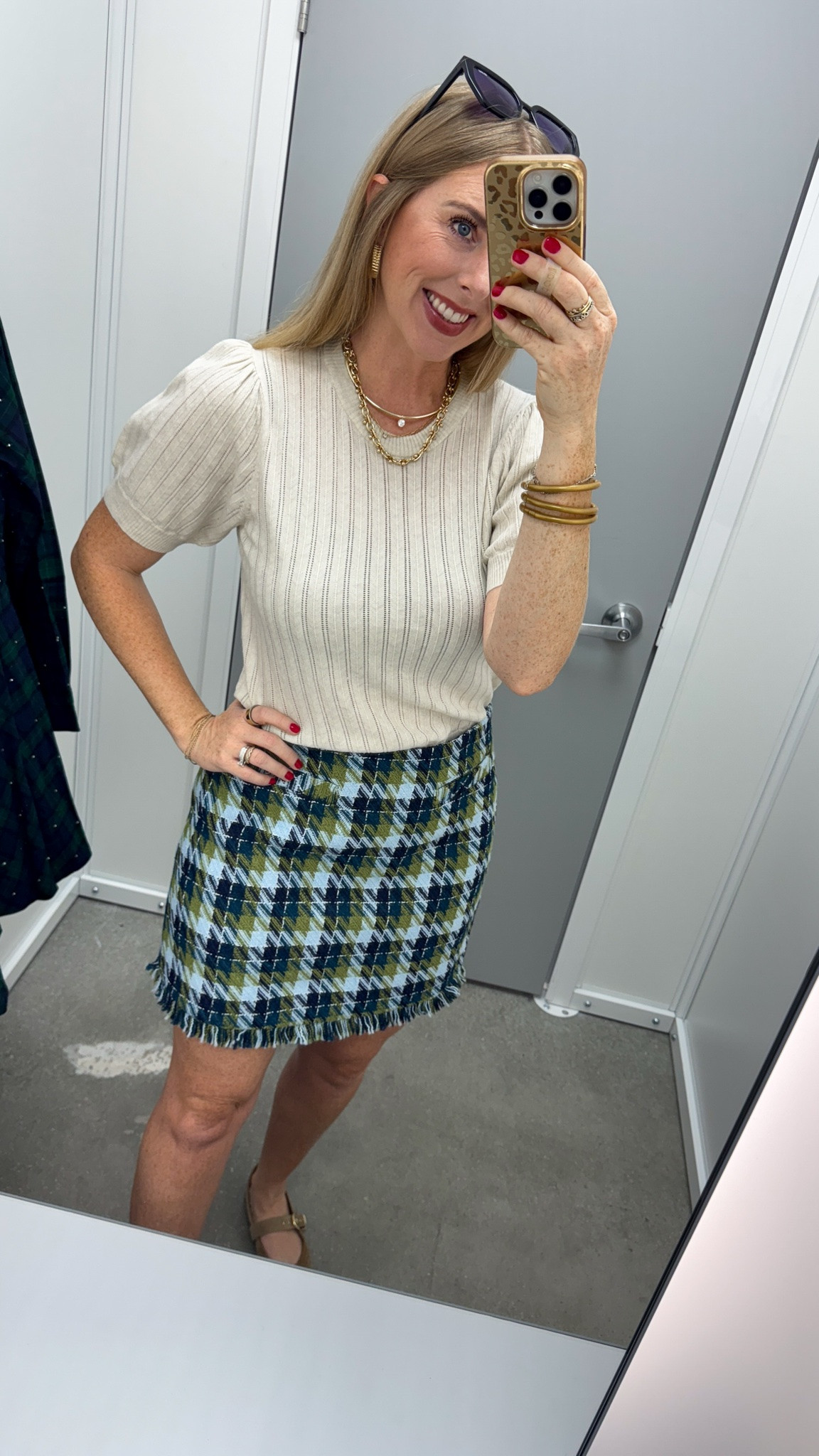 Puff sleeve sweater and tweed mini skirt from Walmart!
