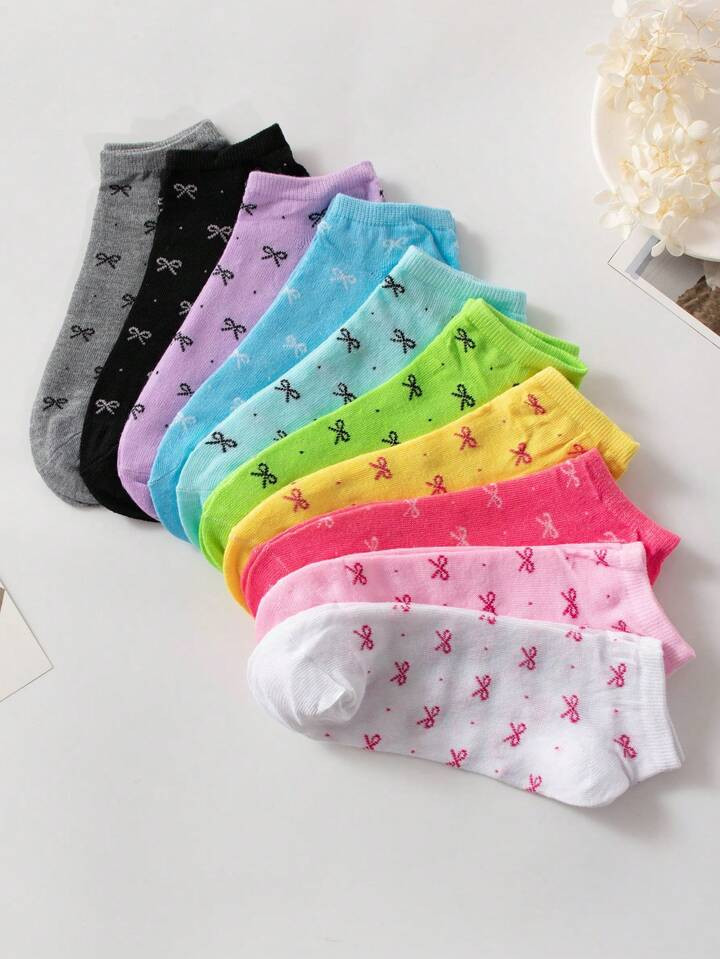 10pairs Women's Candy Colored Patterned Socks With Bowknot Decoration Soft & Comfortable Casual A... | SHEIN