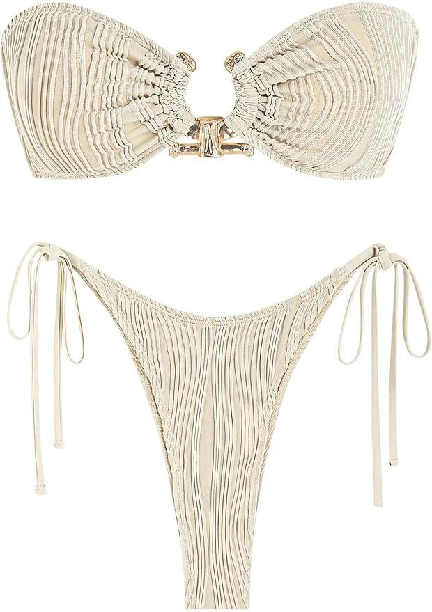 ZAFUL Women's Bandeau Bikini Strapless O Ring Lace Tie Back High Cut Two Piece Swimsuit Bathing S... | Amazon (US)