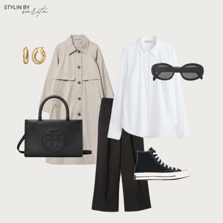 Summer outfit, summer outfit ideas, white button up shirt, black trousers, converse, sunglasses, mini gold hoops, trench coat, H&M outfit, Abercrombie outfits 

#LTKFind #LTKunder50 #LTKstyletip