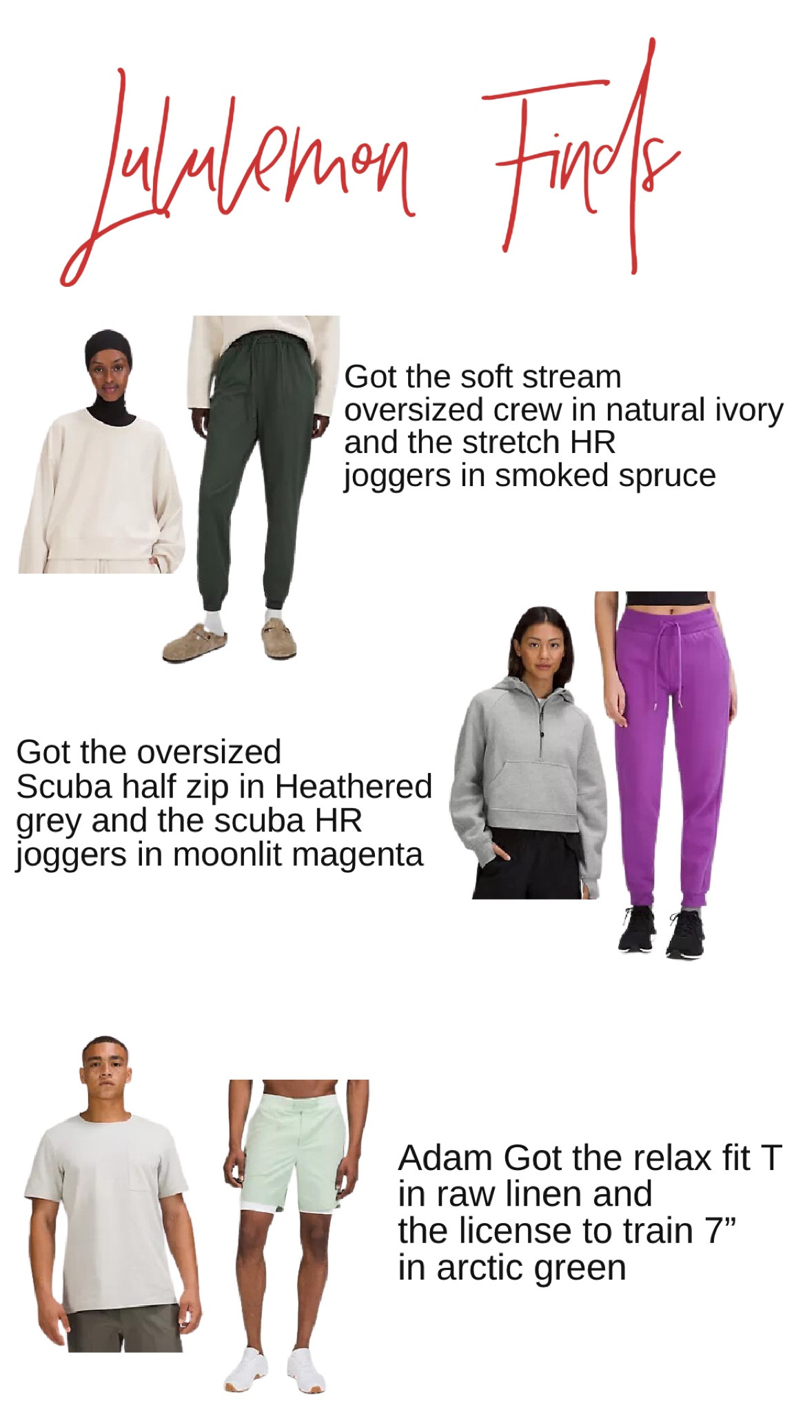 Lululemon finds for ladies and men! Got these goodies today. I got 0 in the bottoms and xs/s + 2 in the tops. Adam is 6’7” and got a 2xl in the top and xl in the bottoms  

#LTKSeasonal #LTKGiftGuide #LTKCyberweek