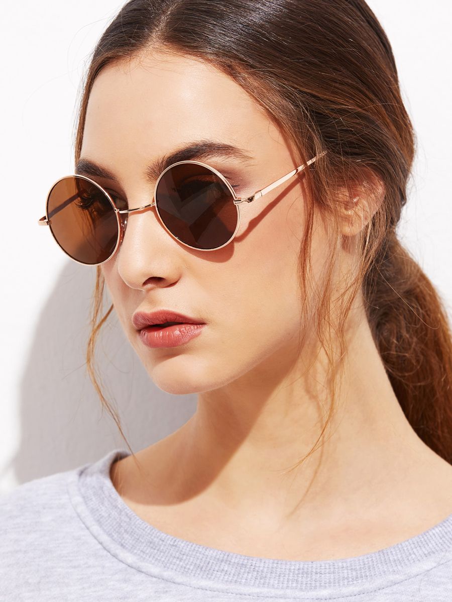 Gold Frame Brown Round Lens Sunglasses | SHEIN