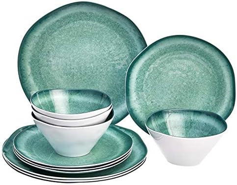 Amazon Basics 12-Piece Melamine Dinnerware Set - Service for 4, Teal Glaze with Rustic Edge | Amazon (US)