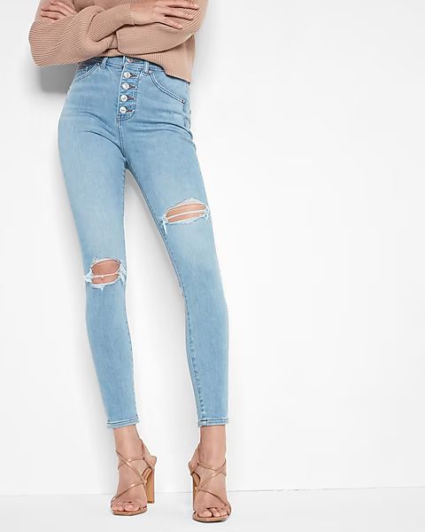 Conscious Edit High Waisted Light Wash Ripped Button Fly Skinny Jeans | Express