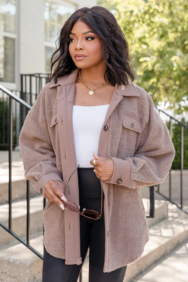 At The Bonfire Brown Oversized Fuzzy Shacket | Pink Lily