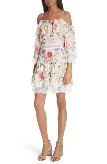 Women's Alice + Olivia Santos Cold Shoulder Floral Silk Dress, Size 0 - White | Nordstrom