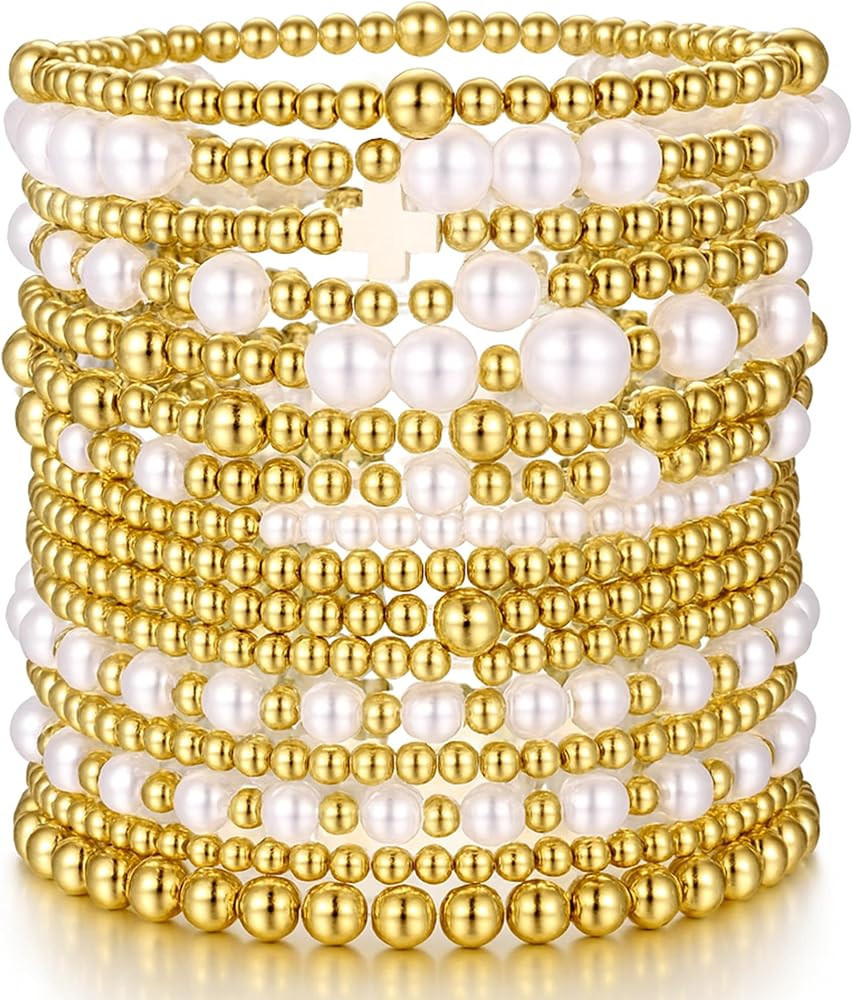 Pls Back 16 PCS Gold Bead Pearl Bracelet for Women, Gold Plated Beaded Strand Bead Ball Bracelets... | Amazon (US)