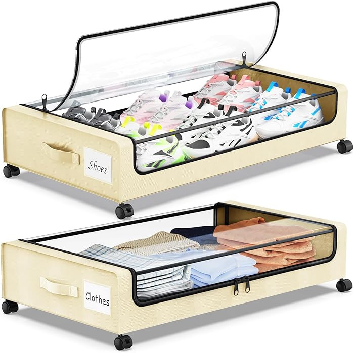 Under Bed Storage with Wheels, 2-Pack Underbed Storage Containers with Clear Lids, Under Bed Shoe... | Amazon (US)