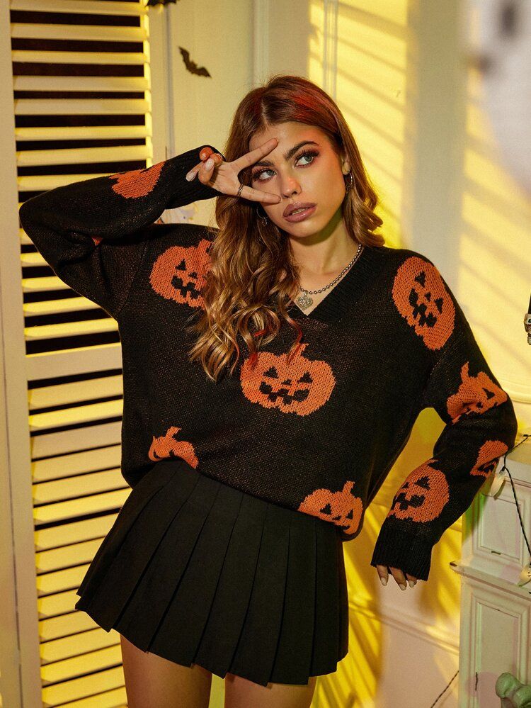 Halloween Print Drop Shoulder Sweater | SHEIN
