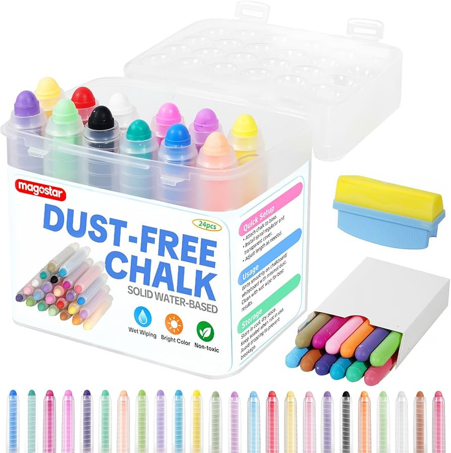 Dustless Chalk for Kids with Eraser, 24 Colors Non-Toxic Washable Sidewalk Chalk Set for Chalkboa... | Amazon (US)