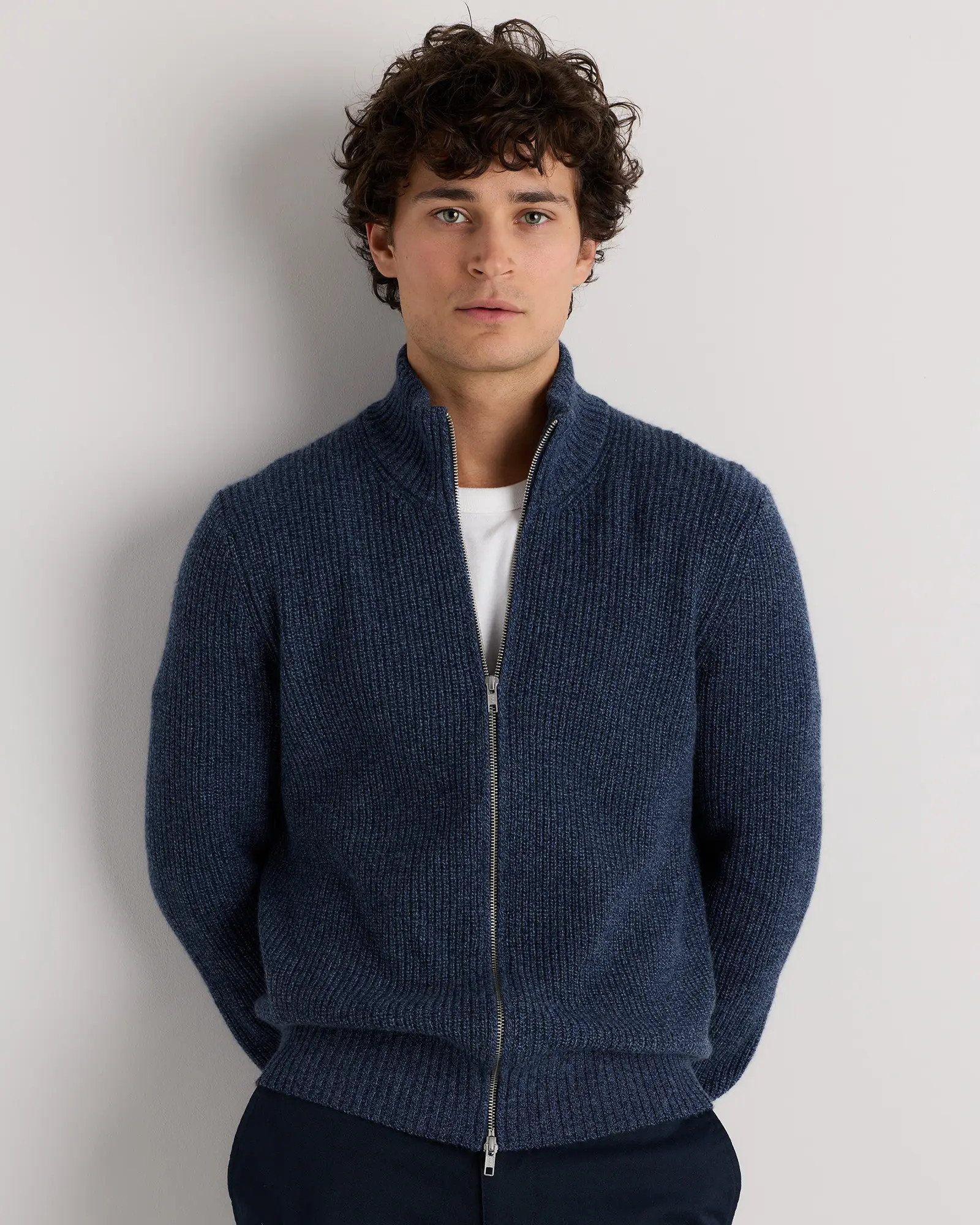 Mongolian Cashmere Fisherman Full Zip Sweater in Navy Marl | Quince