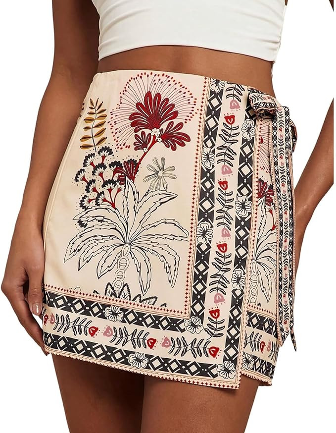 Womens Summer Floral Wrap Short Skirt Tie Side High Waist A Line Beach Vacation Boho Mini Skirt | Amazon (US)