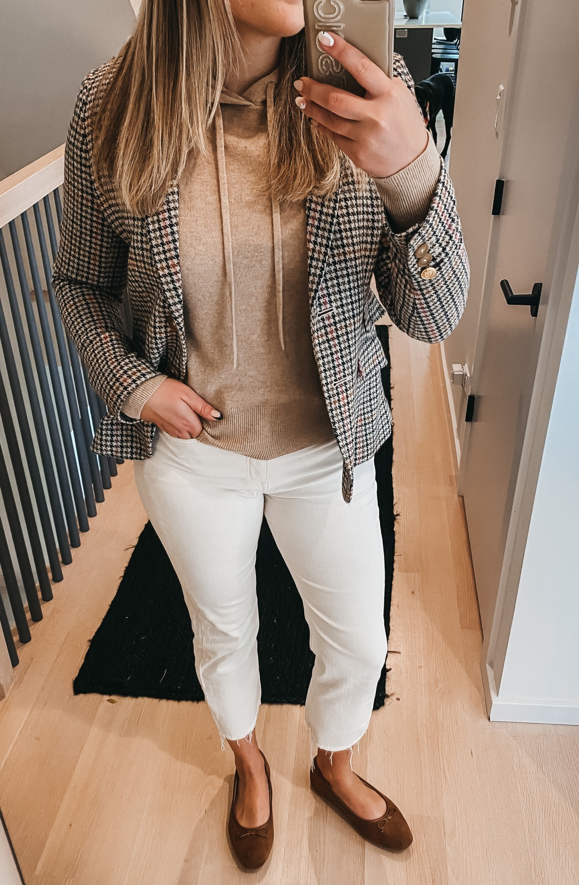 Easy workday outfit! Houndstooth blazer, off-white denim, hooded sweater, brown ballet flats.

#falloutfit #neutrals 

#LTKSeasonal #LTKstyletip #LTKworkwear